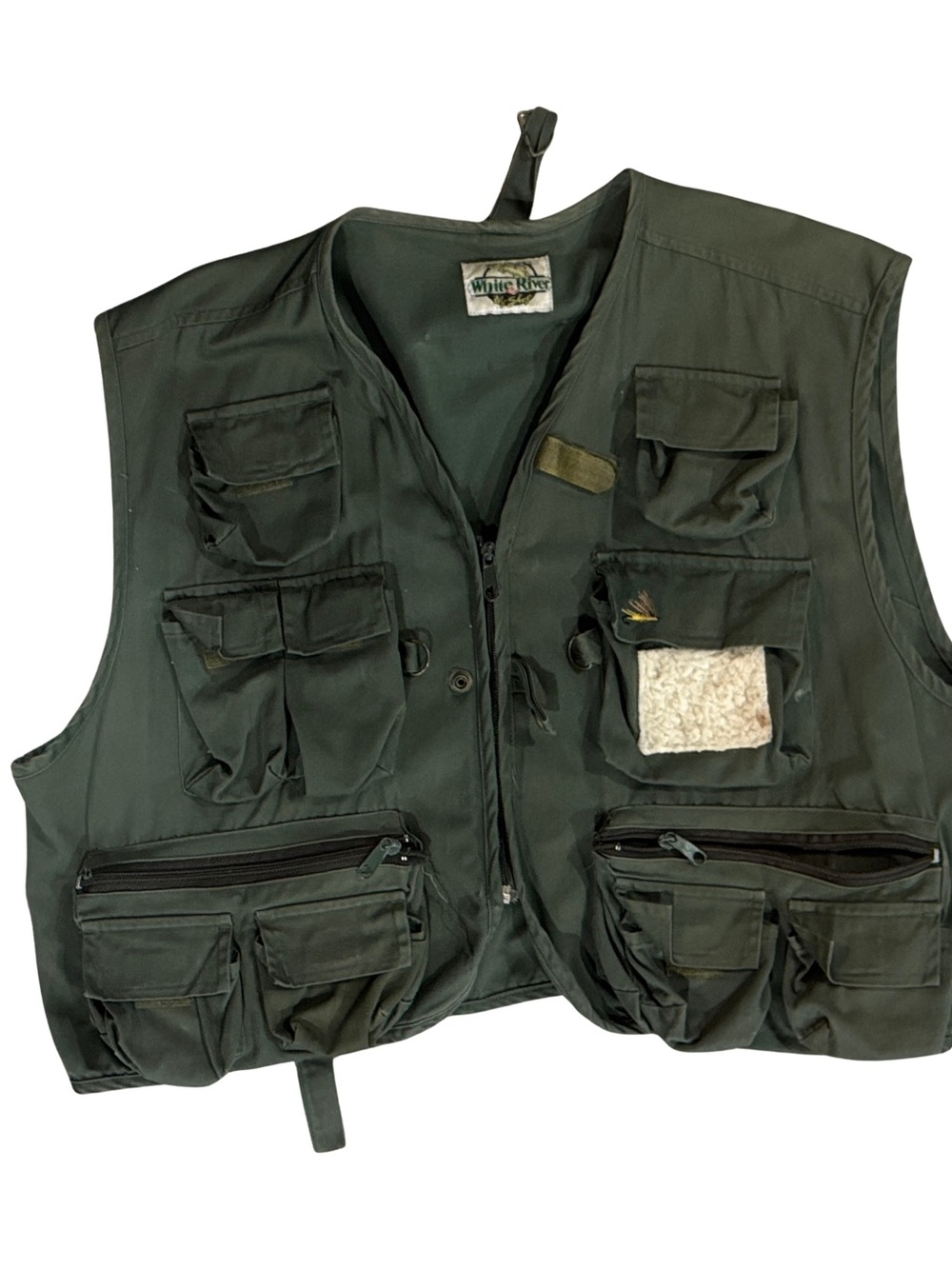 Vtg 90’s White River Olive Green Fishing Vest with Multiple Pockets